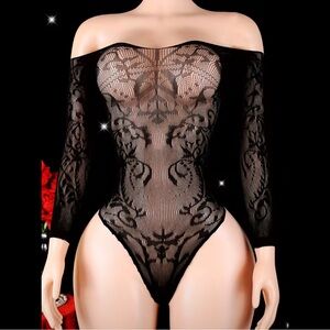 Black, Victorian Fishnet, Long Sleeve Bodysuit